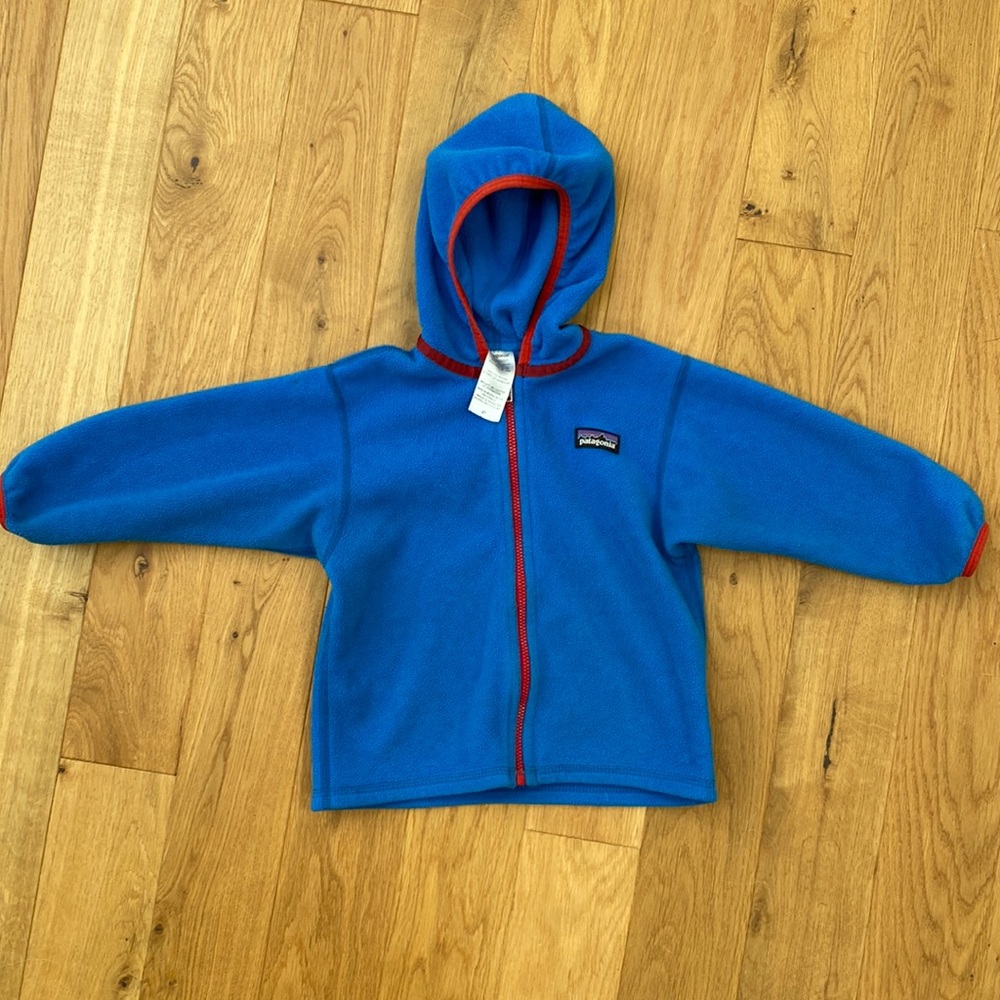 Blue and red Patagonia hooded zip up fleece jacket size 2T
